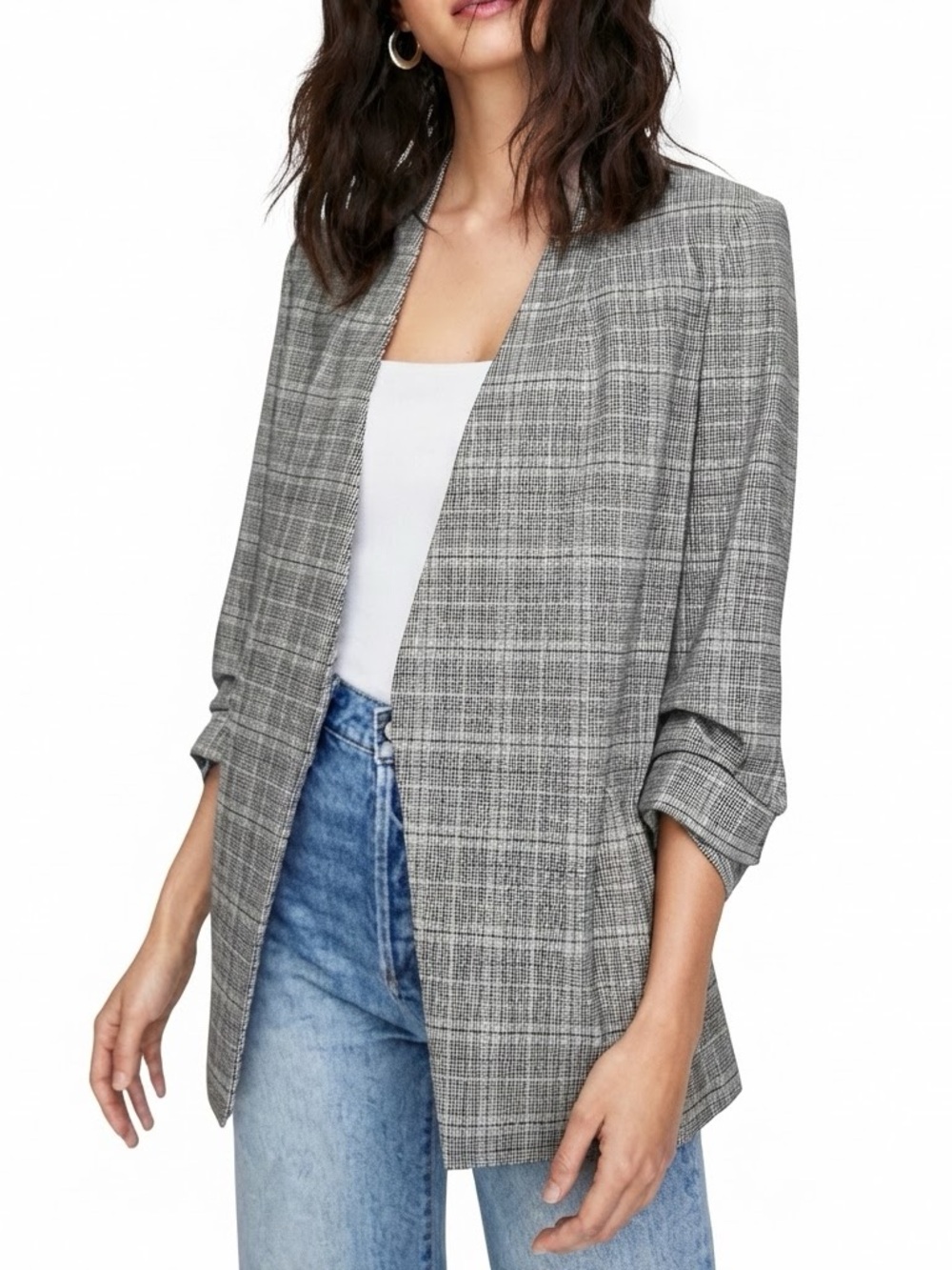 Aritzia Babaton Sz 4 Power Hip Plaid Grey Open Front Business Casual Blazer